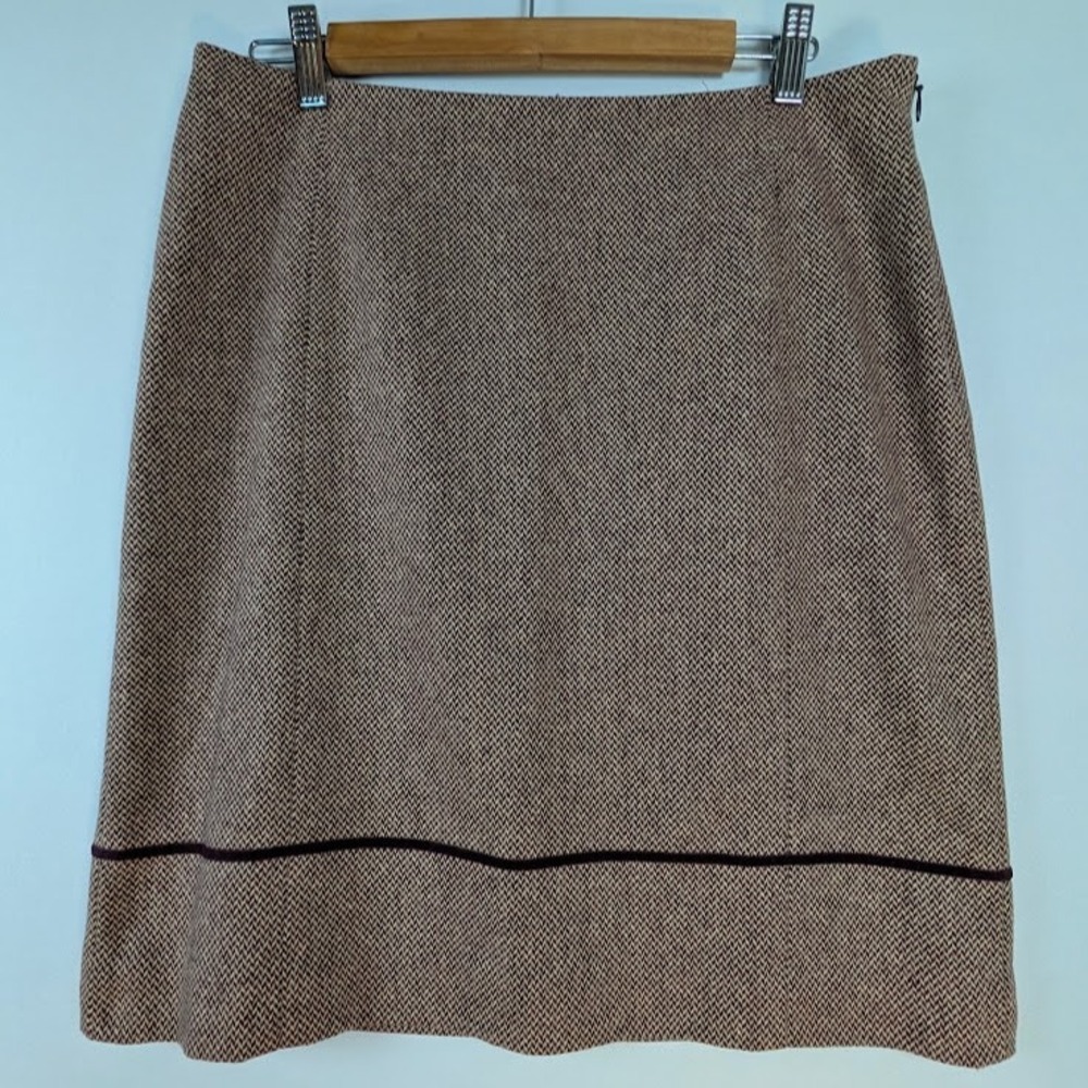 Ann Taylor Factory Skirt‎ 12 Burgundy Wool Herringbone Tweed Velvet Trim Lined